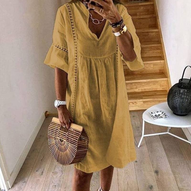 Queralt | Bohemian V-neck Airy Dress - Short Sleeve, Knee-Length