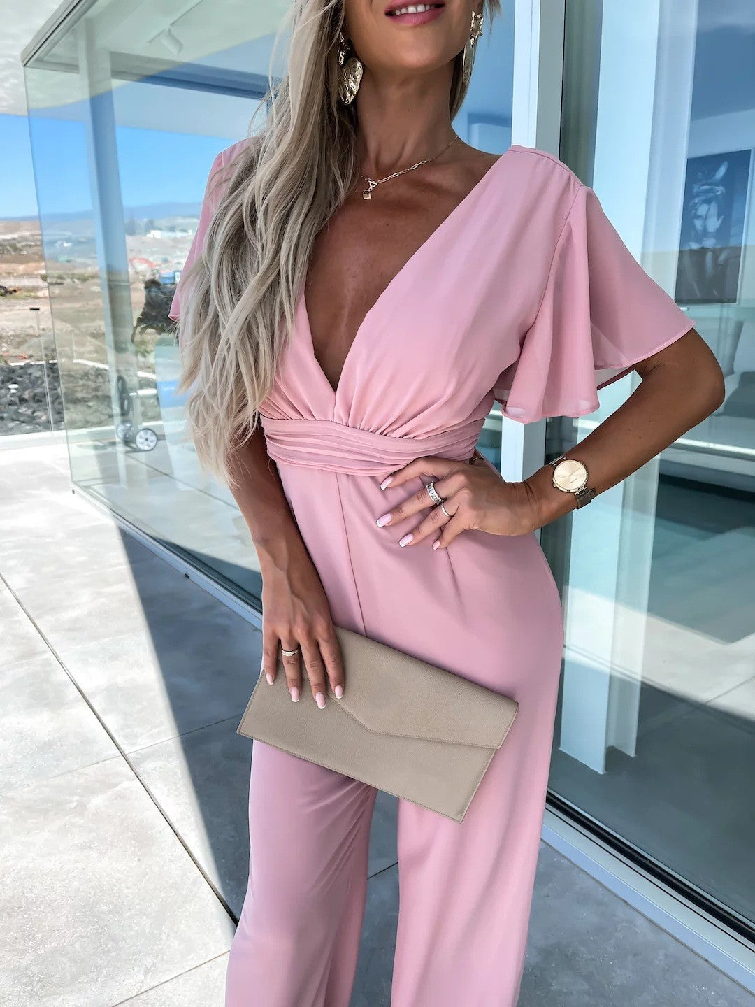 Elian | V-hals Mousseline-jumpsuit met fladdermouwen