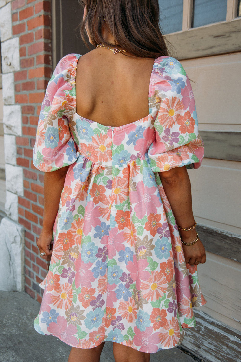 Melivra | Pink Floral Babydoll Dress - Square Neck, Puff Sleeves, Flowy Mini Dress