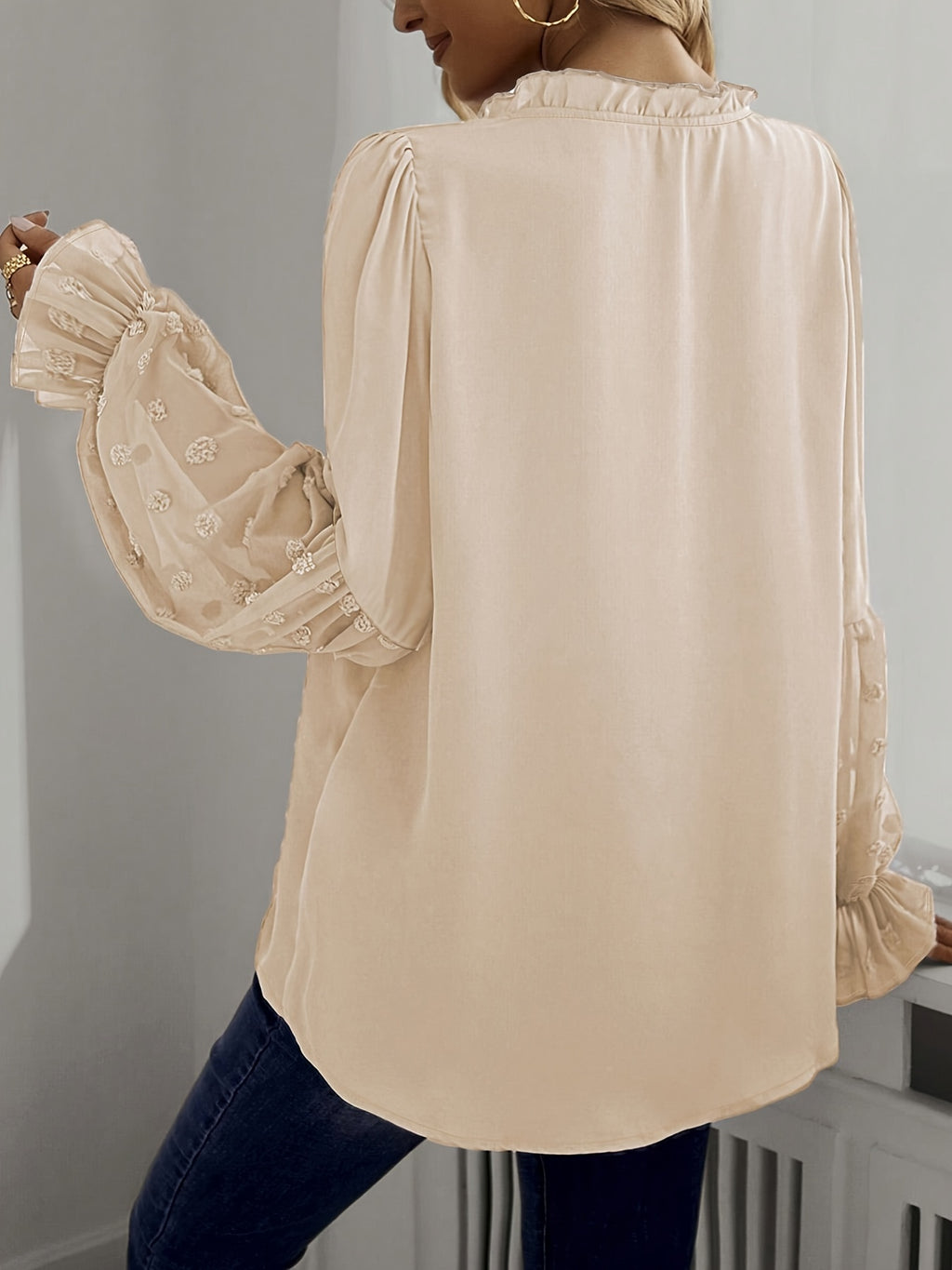 Ayana | Elegant V-neck Blouse with Floral Mesh Jacquard & Ruffle Bell Sleeves