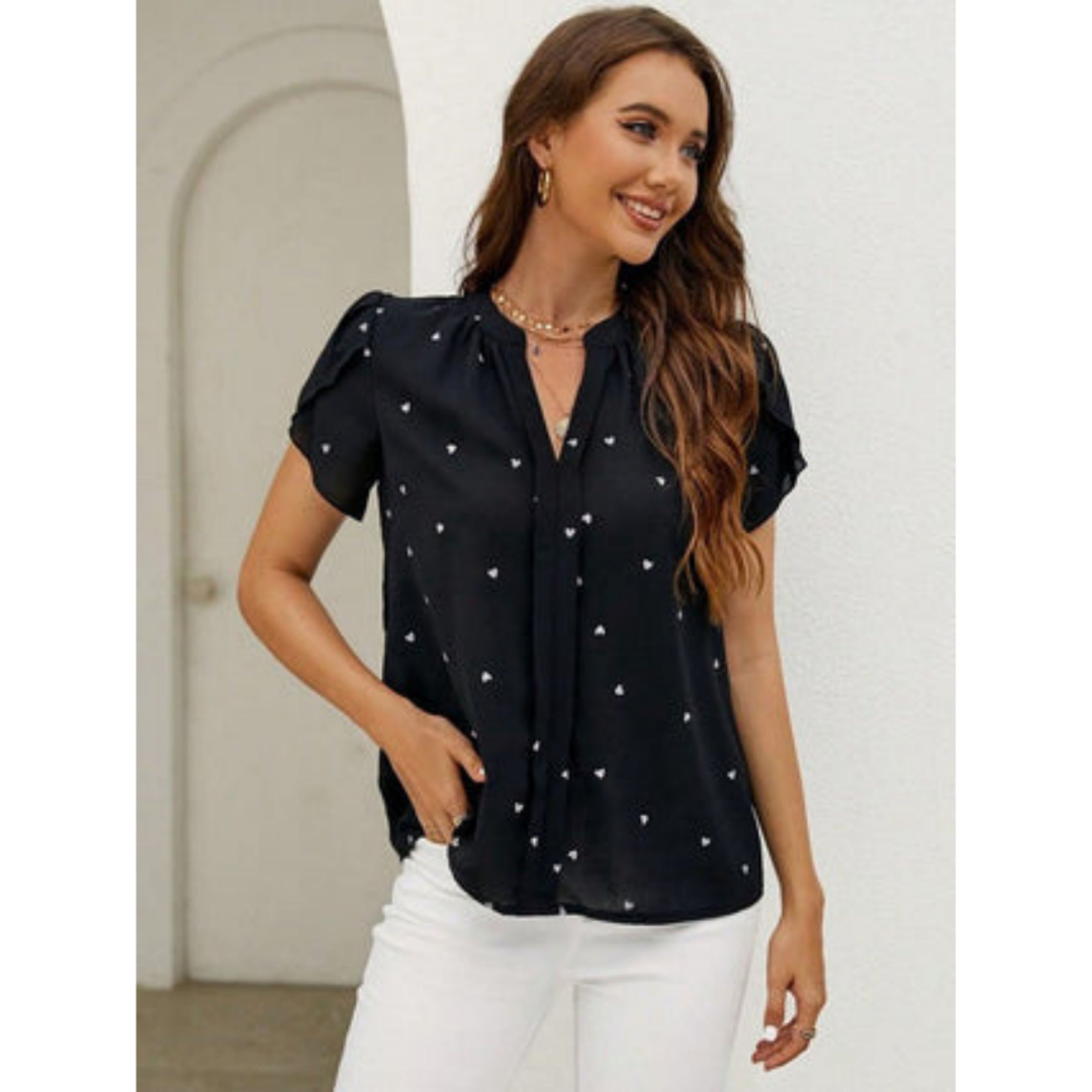Cveta | Women's Short Sleeve V-neck Chiffon Blouse - Casual & Elegant Top