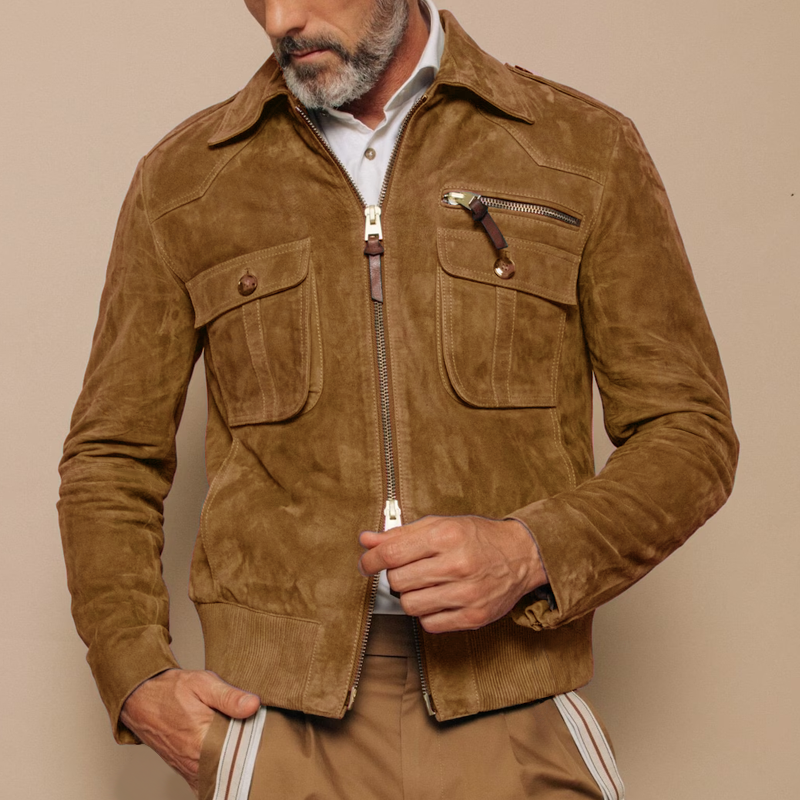 Orenth | Retro suède jas voor heren met reverskraag, ritssluiting, borstzak, casual bovenkleding