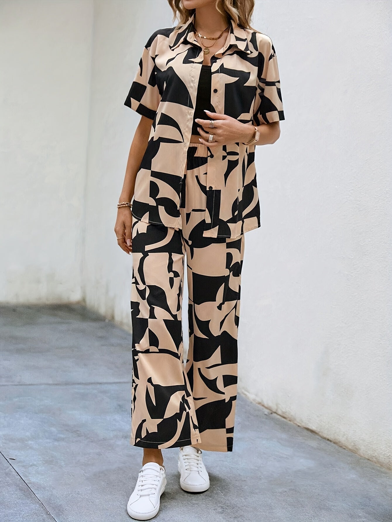 Veyra | Elegant Two-Piece Set with Abstract Print, Button-Up Shirt, and Wide-Leg Pants