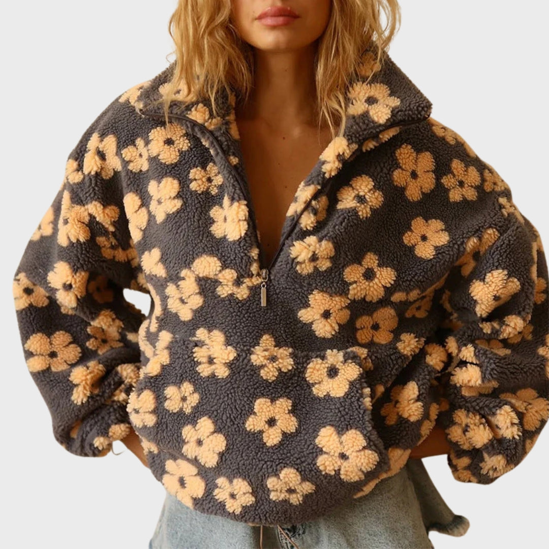Matilda | Teddy fleece trui voor dames, bloemenprint, halve rits, comfortabele wintertrui