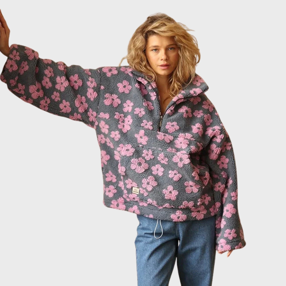 Matilda | Teddy fleece trui voor dames, bloemenprint, halve rits, comfortabele wintertrui