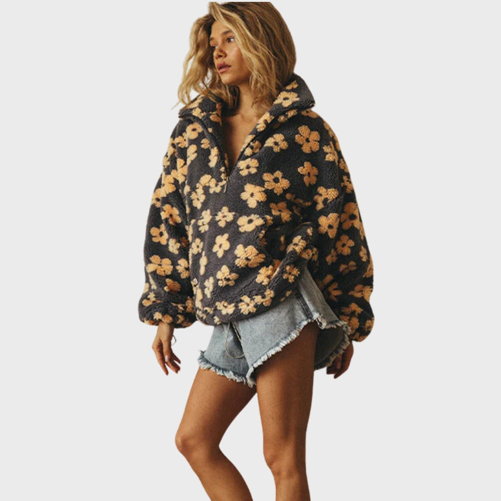 Matilda | Teddy fleece trui voor dames, bloemenprint, halve rits, comfortabele wintertrui