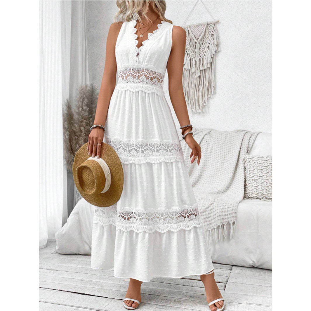 Robe femme sans manches à dentelle et col V