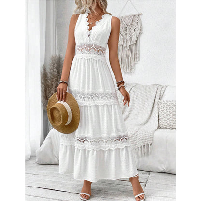 Robe femme sans manches à dentelle et col V