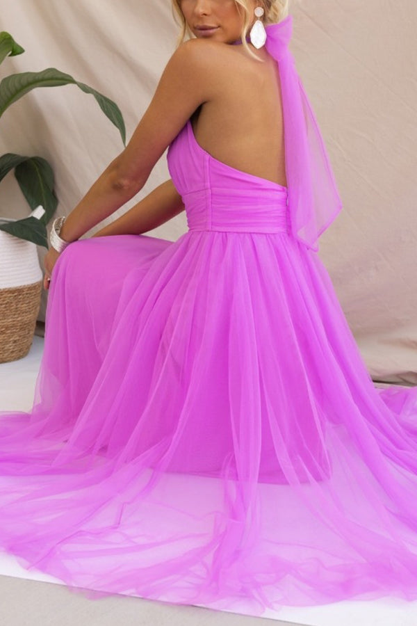 Bellina | Elegant Long Halter Neck Dress - Mesh Fabric