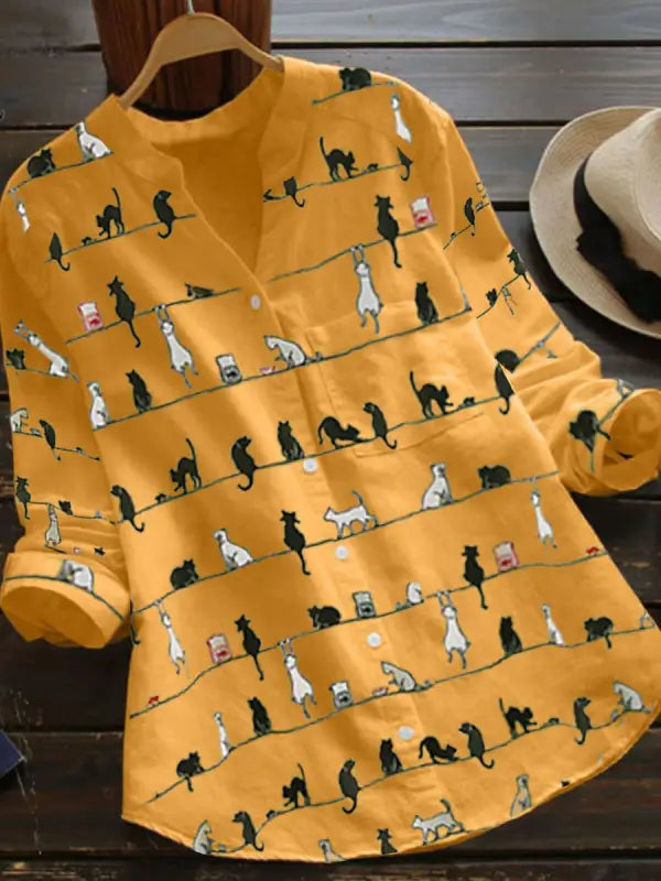 Faylin | Kat print lange mouwen Button-Up Blouse - Stijlvolle V-hals Overhemd voor dames