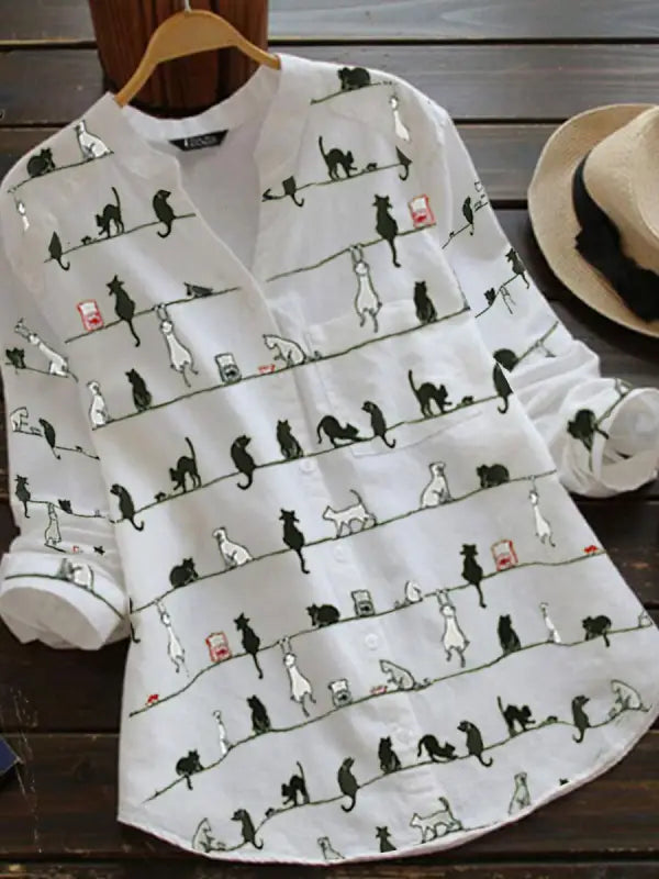 Faylin | Kat print lange mouwen Button-Up Blouse - Stijlvolle V-hals Overhemd voor dames