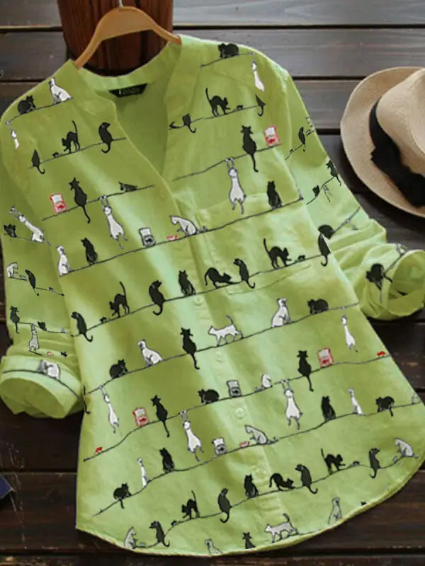 Faylin | Kat print lange mouwen Button-Up Blouse - Stijlvolle V-hals Overhemd voor dames