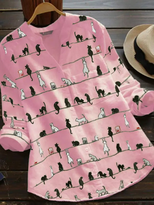 Faylin | Kat print lange mouwen Button-Up Blouse - Stijlvolle V-hals Overhemd voor dames