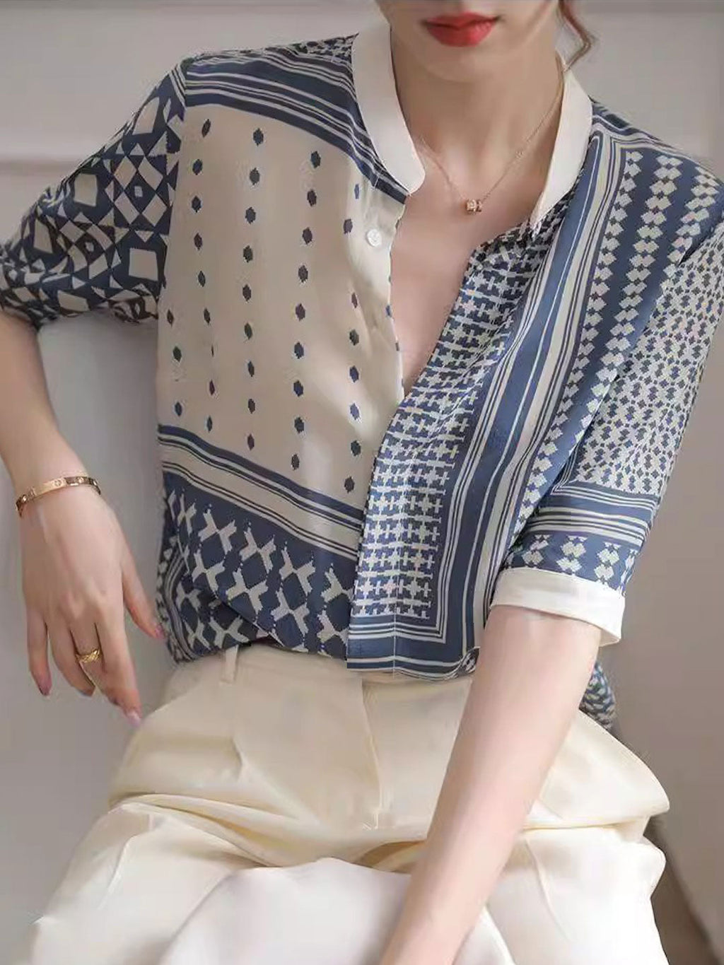 Zulema | Dameshemd met geometrische abstracte print - 3/4 mouwen, lichtgewicht blouse