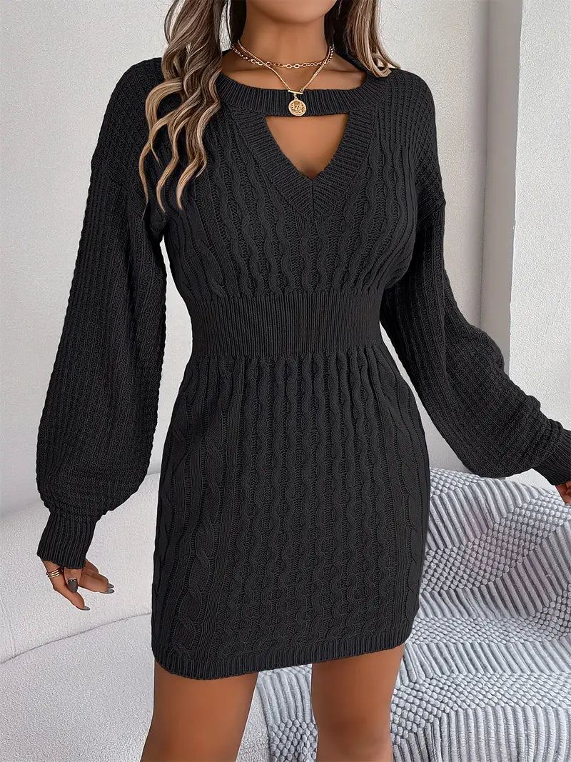 Fonda | Knitted Women's Sweater with Keyhole Detail & Lantern Sleeves, Elegant Winter Dress
