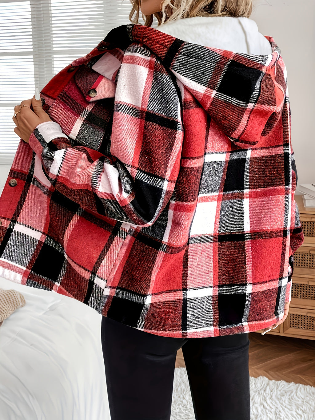 Gracienne | Geruite damesjas met capuchon en fleece voering - Knoopsluiting voor dames