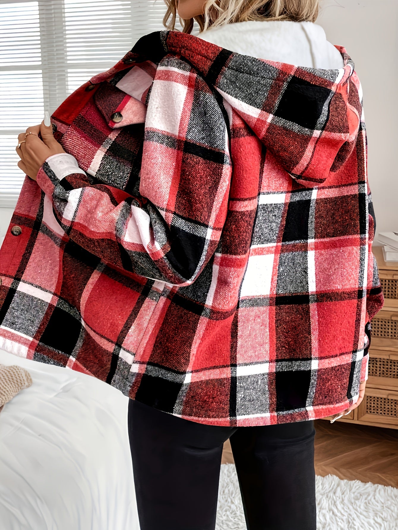 Gracienne | Geruite damesjas met capuchon en fleece voering - Knoopsluiting voor dames