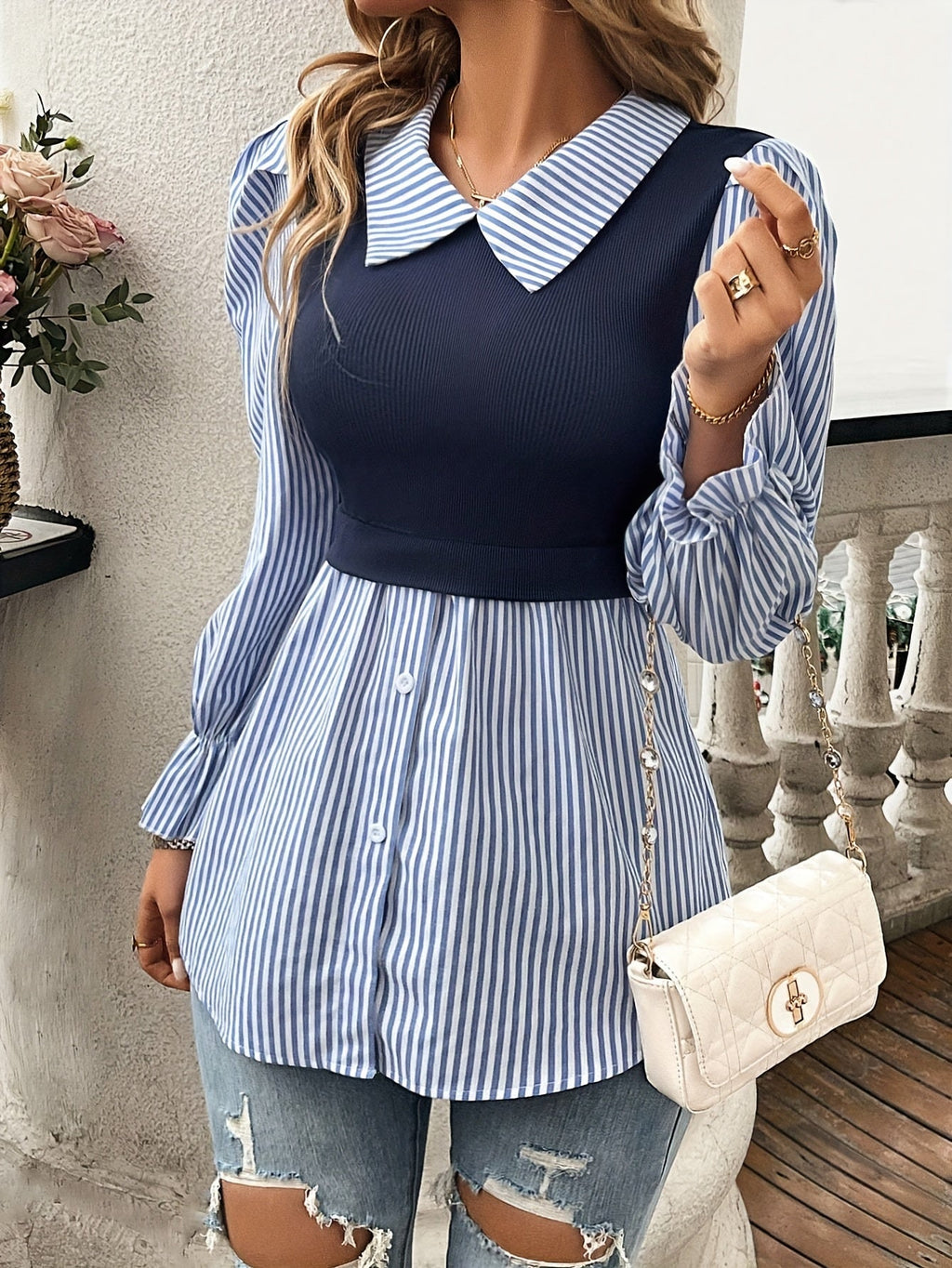 Abrielle | Gestreepte Blouse met Laagjes Kleurblok voor Vrouwen - Shirt Met Lange Mouwen