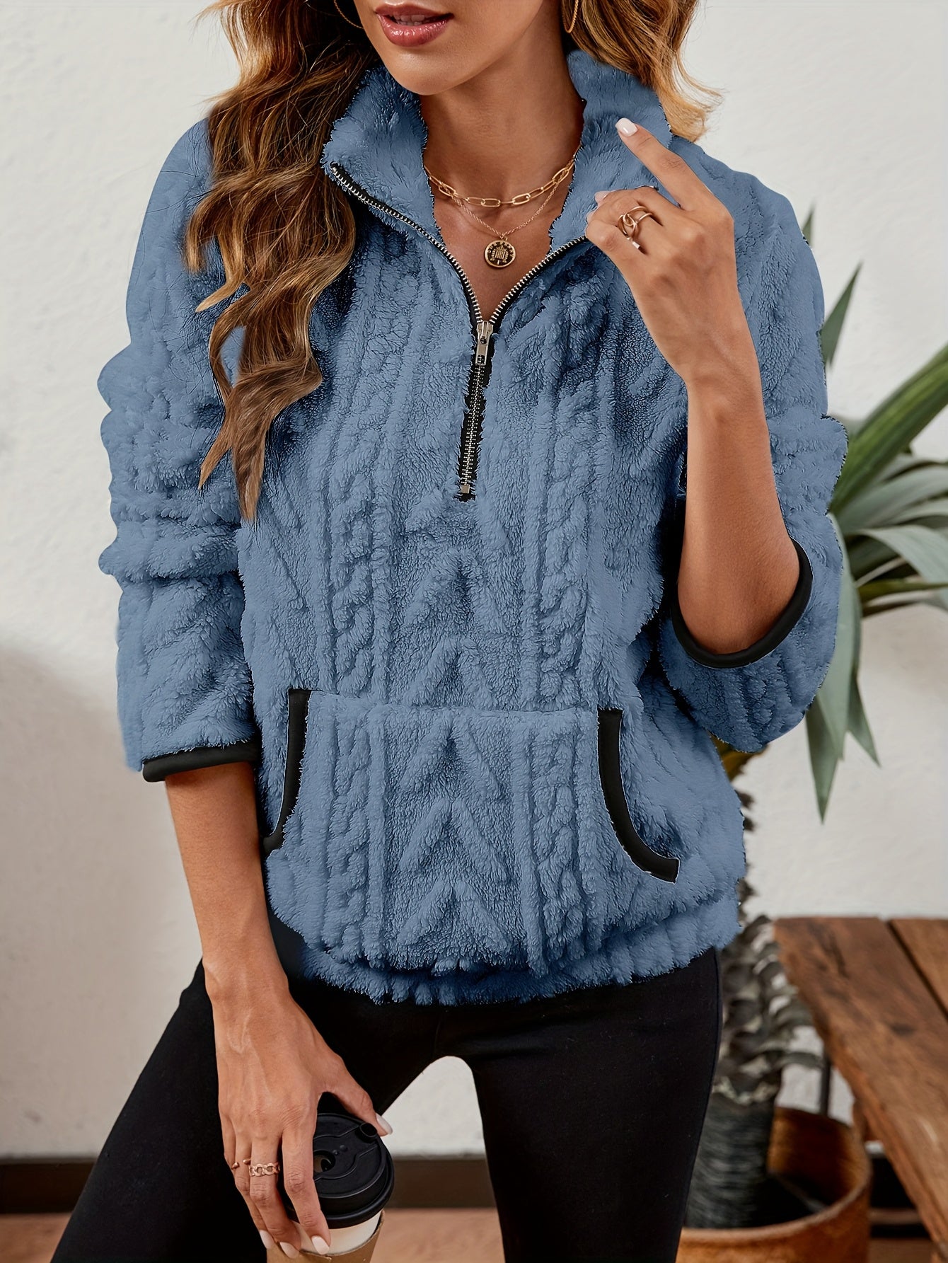 Iduna | Damestrui met halve rits – Comfortabel fleecesweatshirt met grote zakken, casual trui