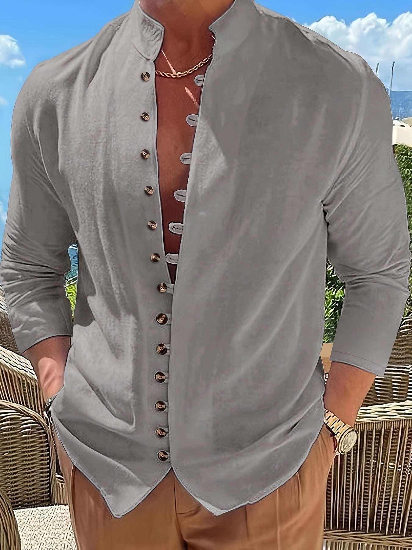 Philly | Heren Vintage Katoenen Linnen Casual Overhemd - Lange Mouw, Staande Kraag, Knoopdetail, Los model