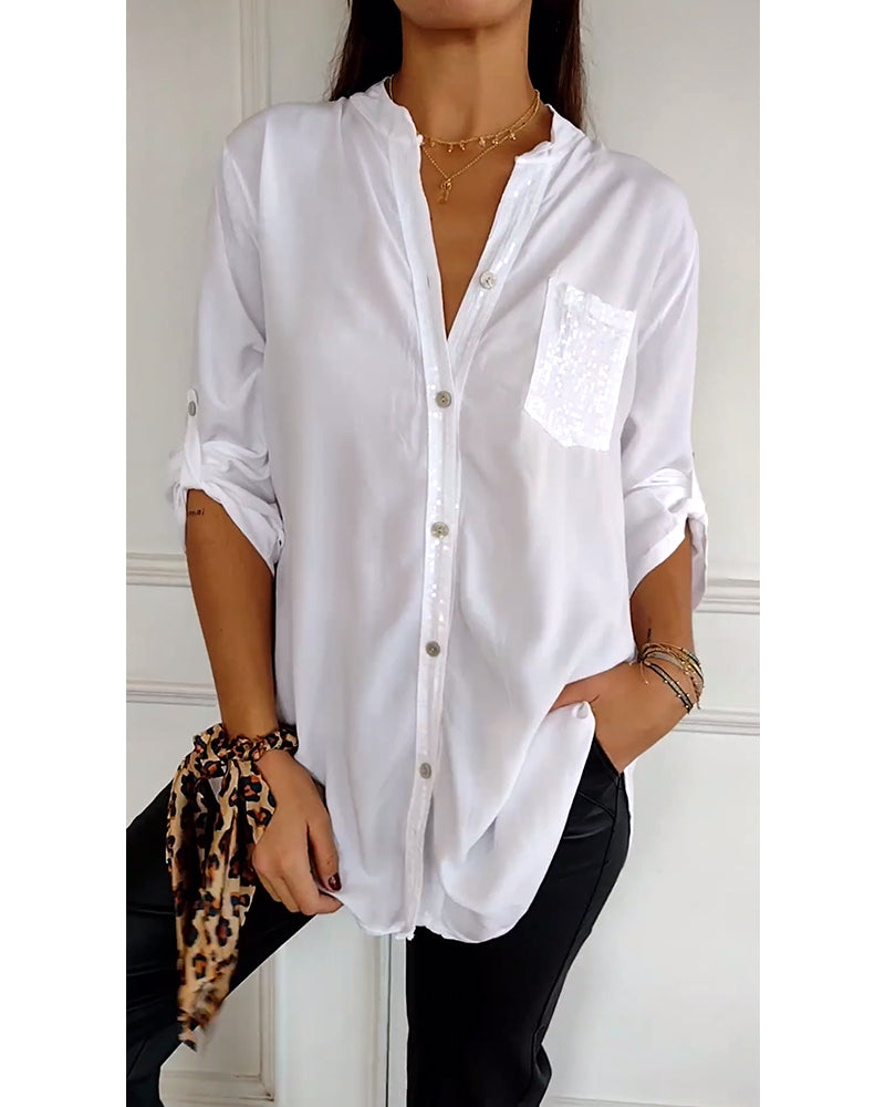Stella | Elegant Sequin Blouse - Casual Button-Down Top with Adjustable Cuffs