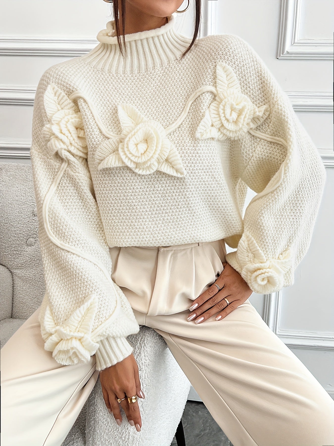 Gweneira | Elegant Floral Turtleneck for Women - Lantern Sleeves, Casual Fashion
