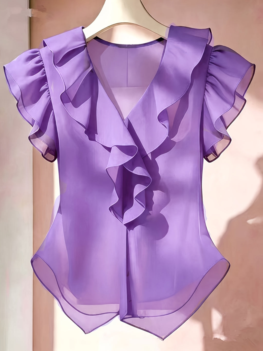 Ionae | Dames zomer chiffon shirt – Franse stijl top met ruches in effen kleur