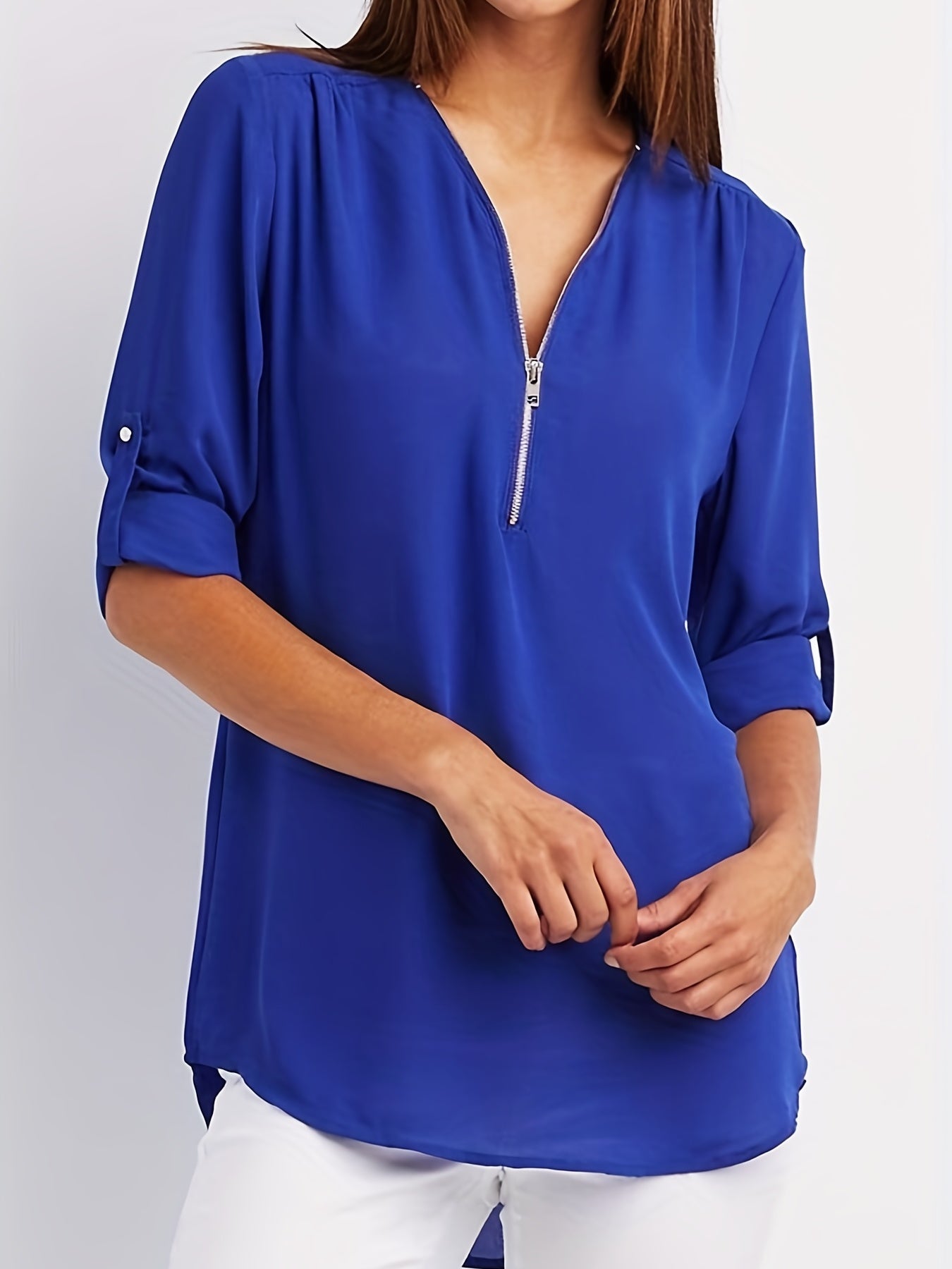Veridiana | Women's V-Neck Half-Zip Blouse - Casual Ruffle Sleeve, Elegant and Breathable