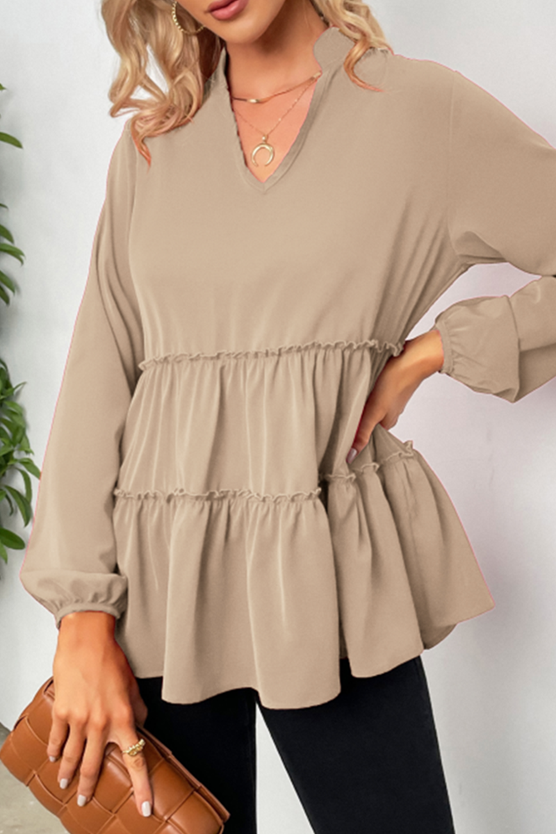 Nicasia | Loose V-Neck Blouse with Long Sleeves and Ruffles for Women - Stylish & Comfortable Casual Top