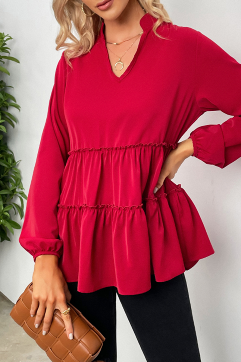 Nicasia | Loose V-Neck Blouse with Long Sleeves and Ruffles for Women - Stylish & Comfortable Casual Top