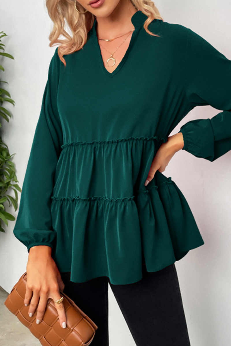 Nicasia | Loose V-Neck Blouse with Long Sleeves and Ruffles for Women - Stylish & Comfortable Casual Top