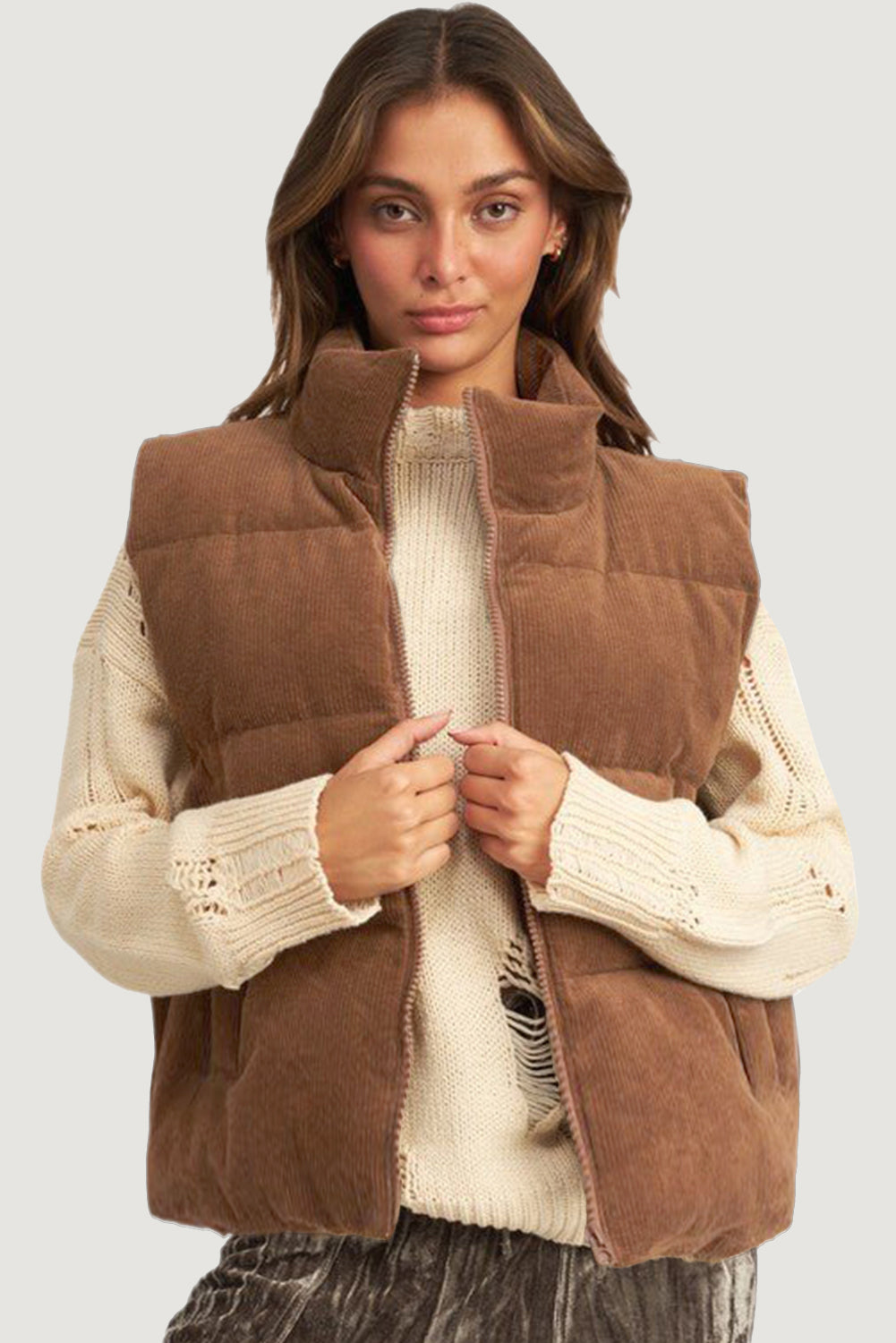 Dagny | Corduroy Puffer Vest met Ritssluiting Staande Kraag Casual Jack voor Dames