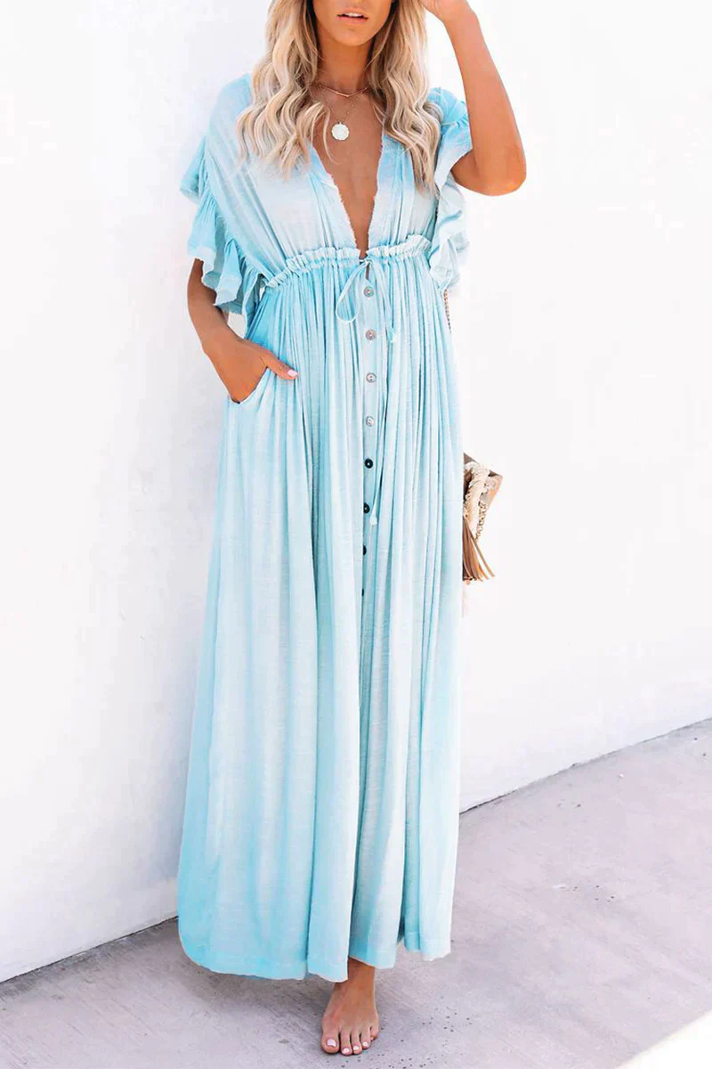 Briseya | Women's Long Sleeve Butterfly Maxi Dress - Elegant V-Neck Dress