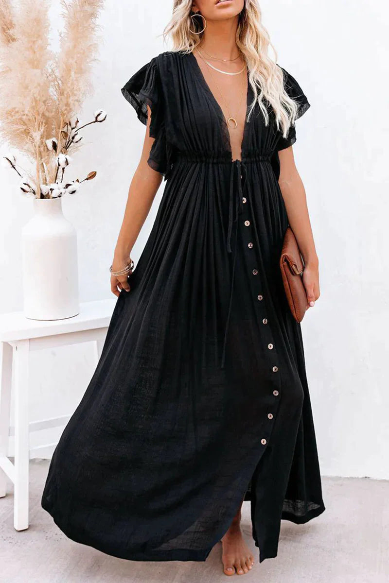 Briseya | Women's Long Sleeve Butterfly Maxi Dress - Elegant V-Neck Dress