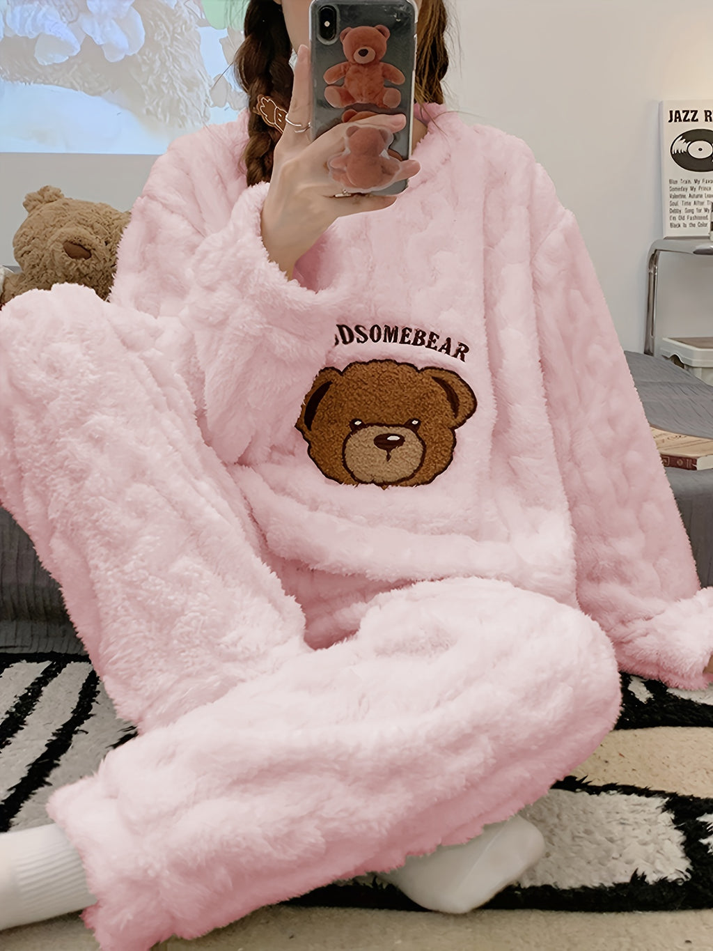 Faren | Gezellige dames fleece pyjama set - Beren borduurwerk, lange mouwen top & flanellen broek