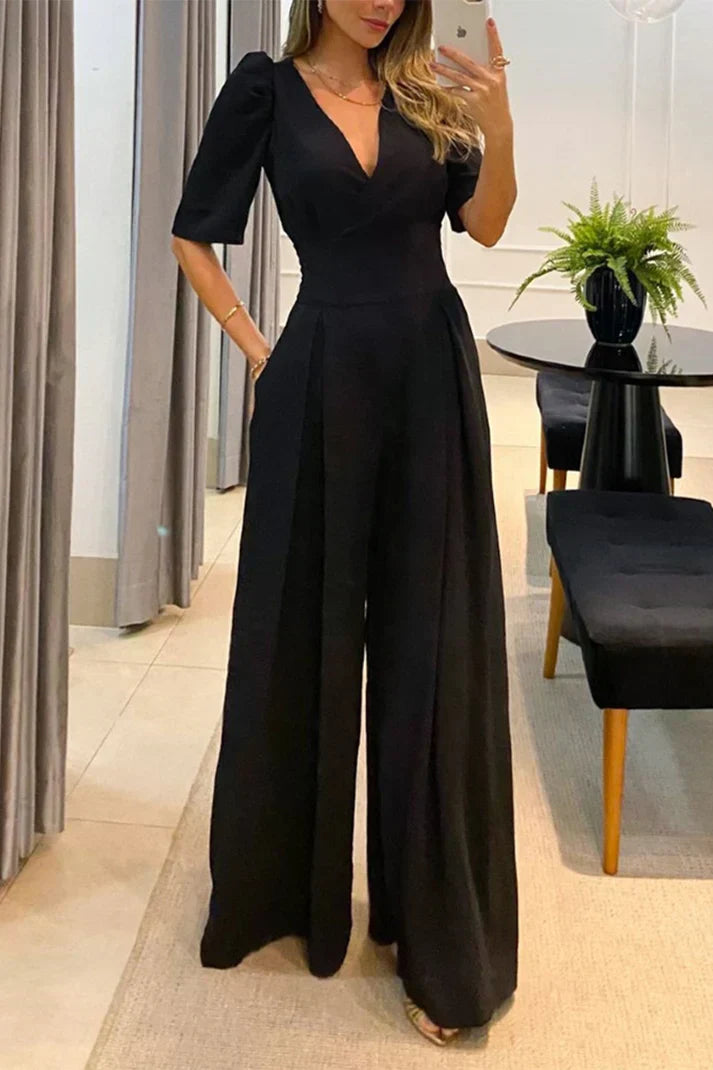 Fenya | Jumpsuit met wijde pijpen en pofmouwen – Elegante formele jumpsuit, geschikt voor kantoor en feestjes