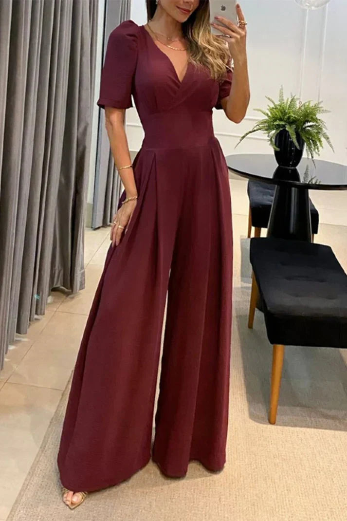 Fenya | Jumpsuit met wijde pijpen en pofmouwen – Elegante formele jumpsuit, geschikt voor kantoor en feestjes