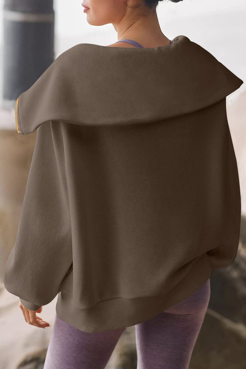 Viva | Elegante dames trui met omgeslagen kraag en halve rits, lange mouwen, casual top