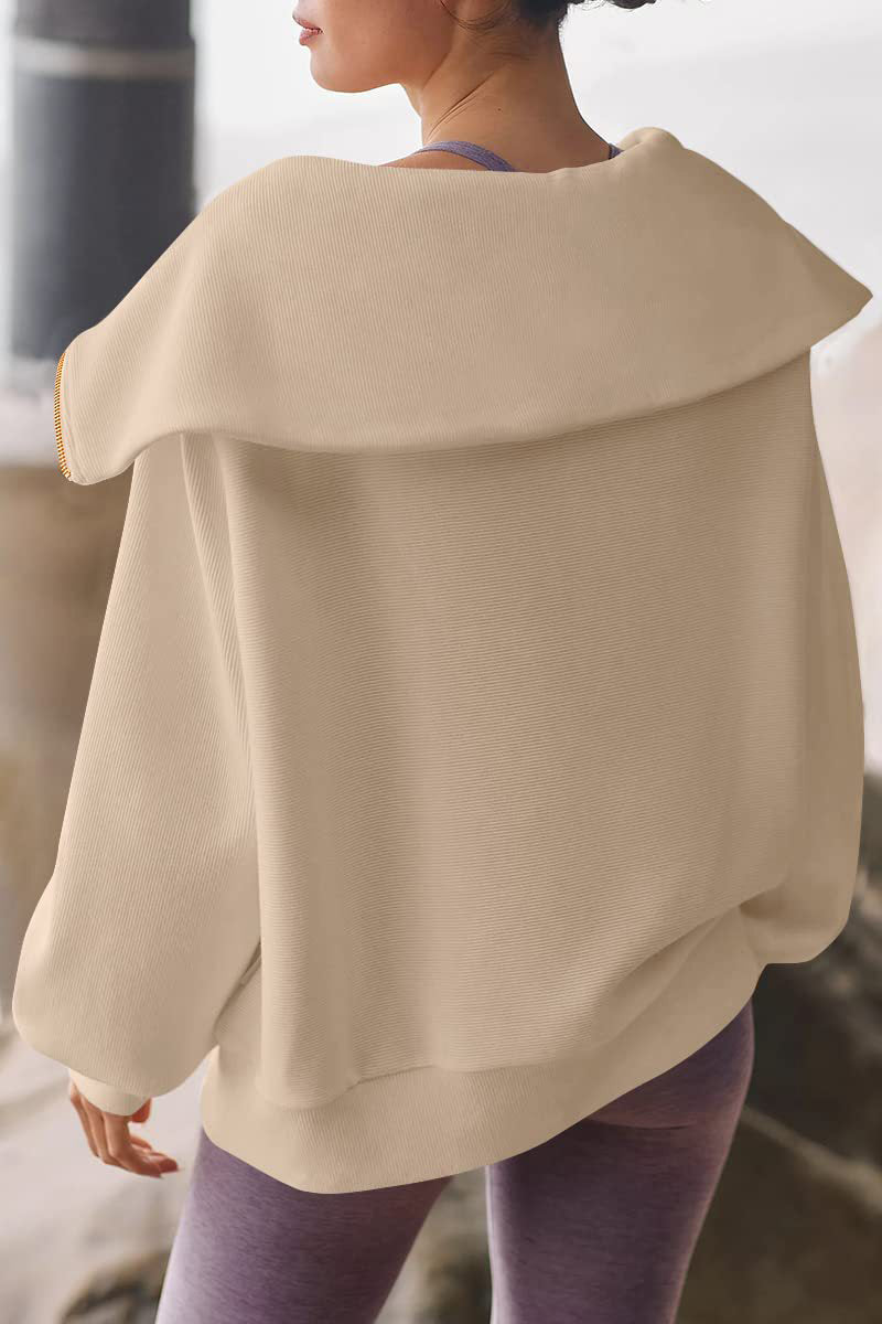 Viva | Elegante dames trui met omgeslagen kraag en halve rits, lange mouwen, casual top