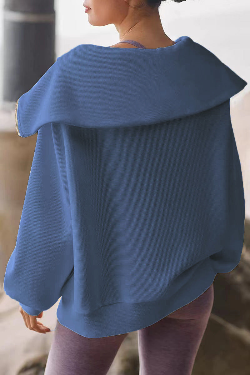 Viva | Elegante dames trui met omgeslagen kraag en halve rits, lange mouwen, casual top