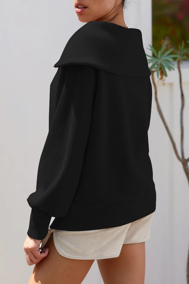 Viva | Elegante dames trui met omgeslagen kraag en halve rits, lange mouwen, casual top