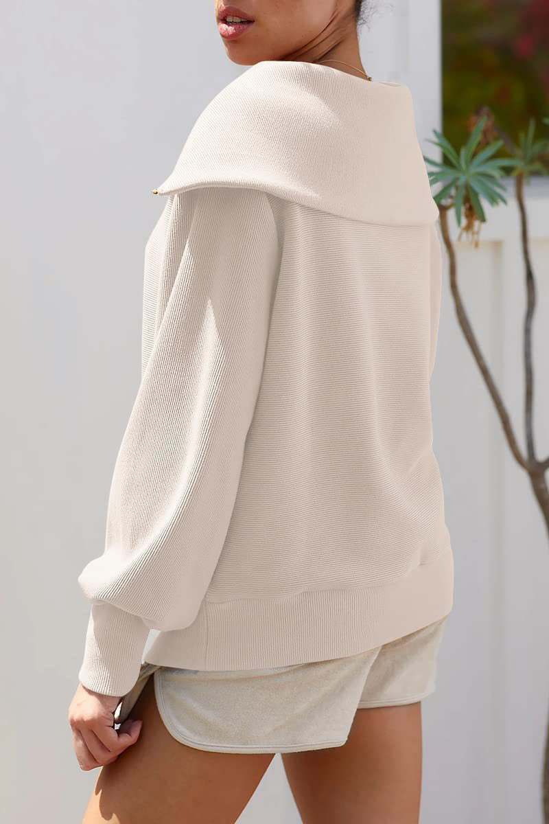 Viva | Elegante dames trui met omgeslagen kraag en halve rits, lange mouwen, casual top