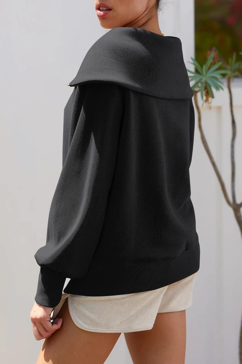 Viva | Elegante dames trui met omgeslagen kraag en halve rits, lange mouwen, casual top
