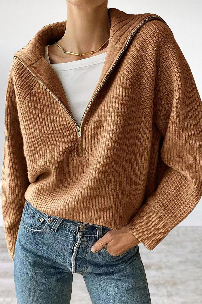 Urania | Classic Half-Zip Sweater with Rolled Collar - Casual Solid Color Pullover
