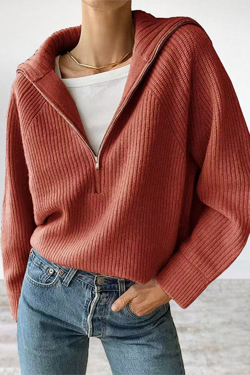 Urania | Classic Half-Zip Sweater with Rolled Collar - Casual Solid Color Pullover