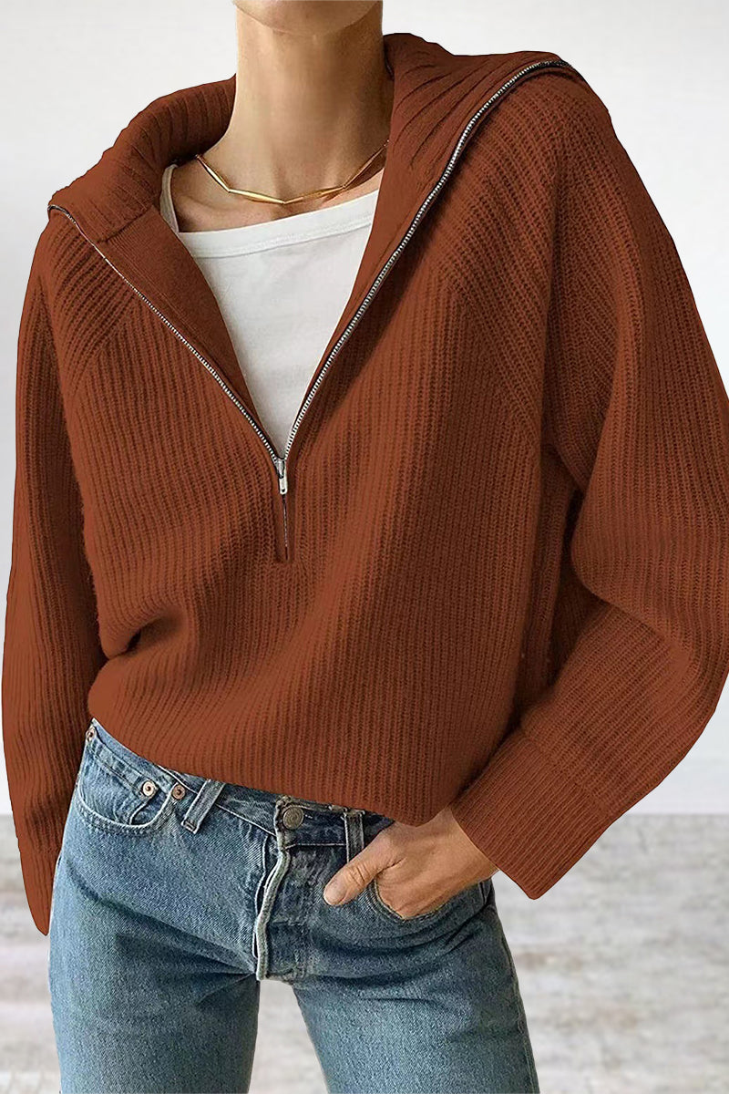 Urania | Classic Half-Zip Sweater with Rolled Collar - Casual Solid Color Pullover