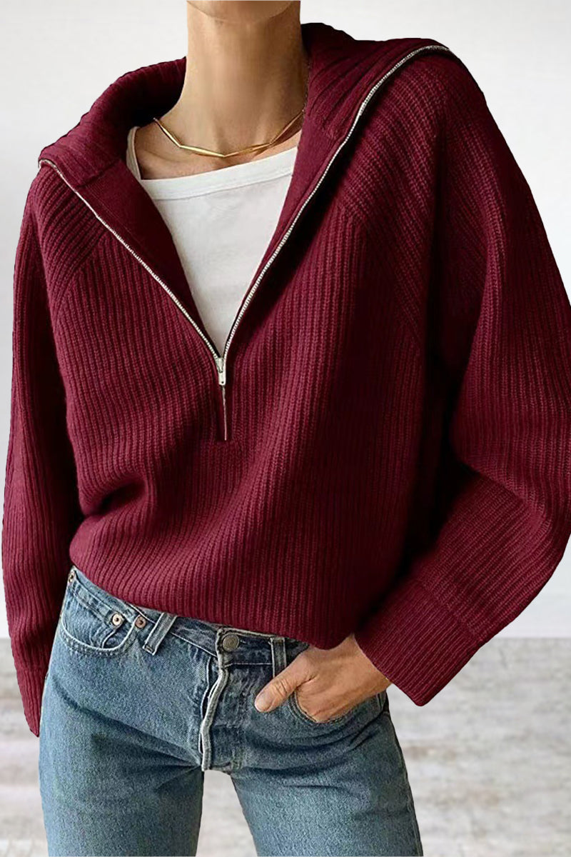 Urania | Classic Half-Zip Sweater with Rolled Collar - Casual Solid Color Pullover