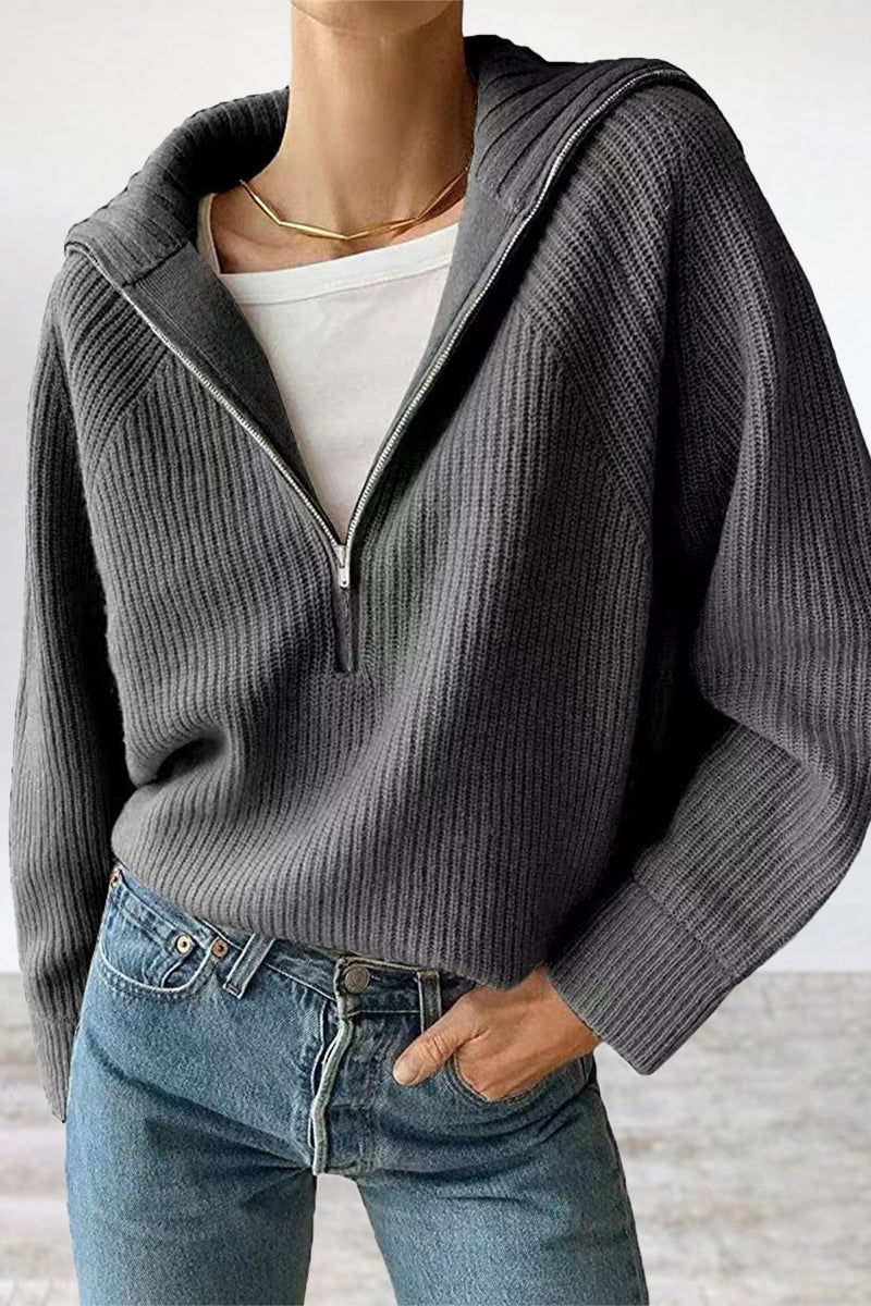 Urania | Classic Half-Zip Sweater with Rolled Collar - Casual Solid Color Pullover