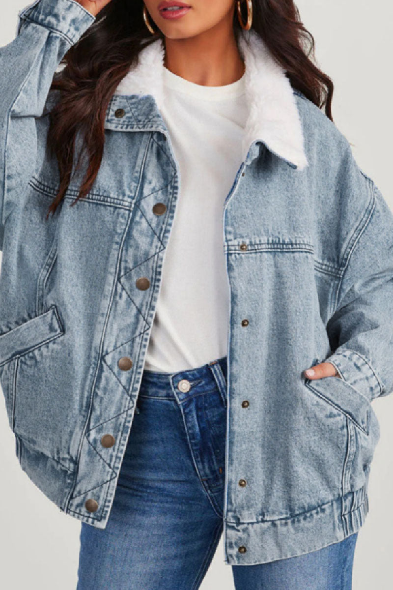 Zana | Oversized denim damesjas met pluche kraag - Casual lange mouwen met omgeslagen kraag