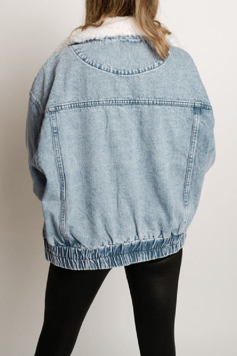 Zana | Oversized denim damesjas met pluche kraag - Casual lange mouwen met omgeslagen kraag